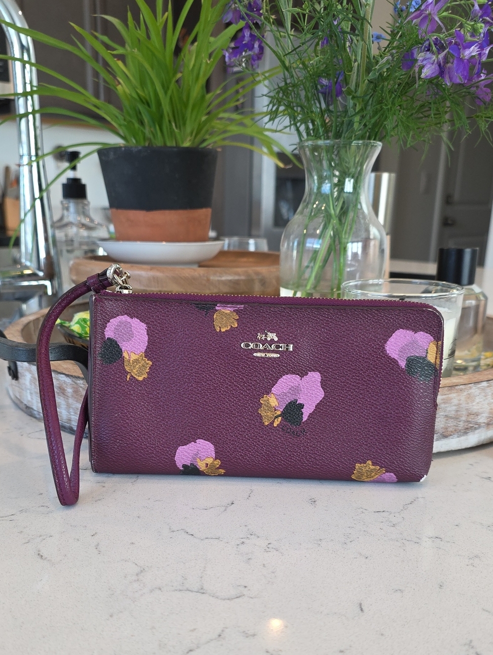 Coach Plum Floral Zip Wristlet with Gold Accents